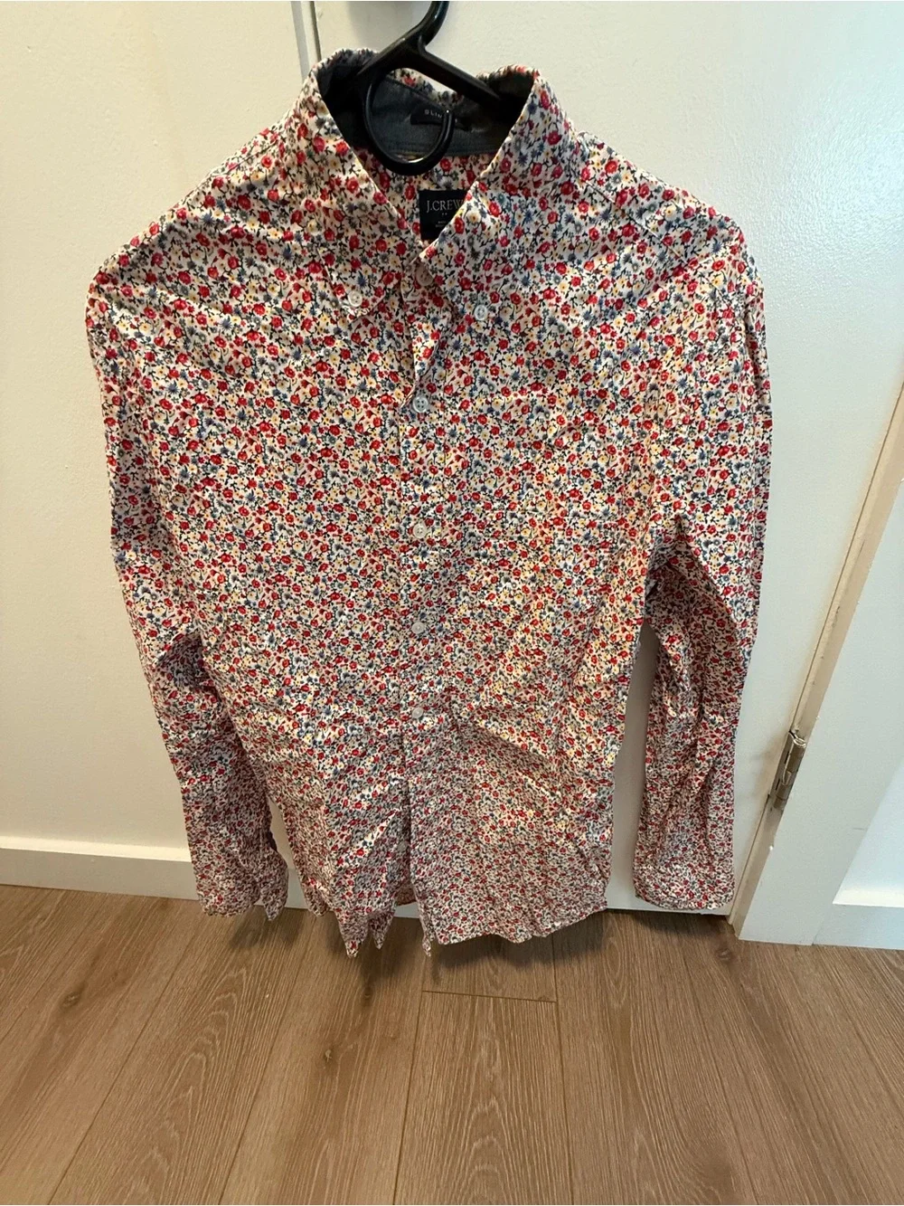 J. Crew Men's White Button-Down Shirt with Red & Blue Floral Print
